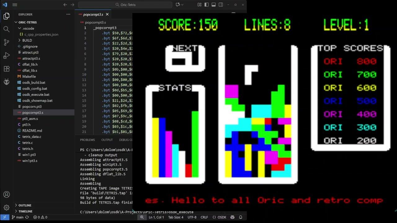 6502nerd's tweet card. Oric Tetris - 8 bit retro programming in C