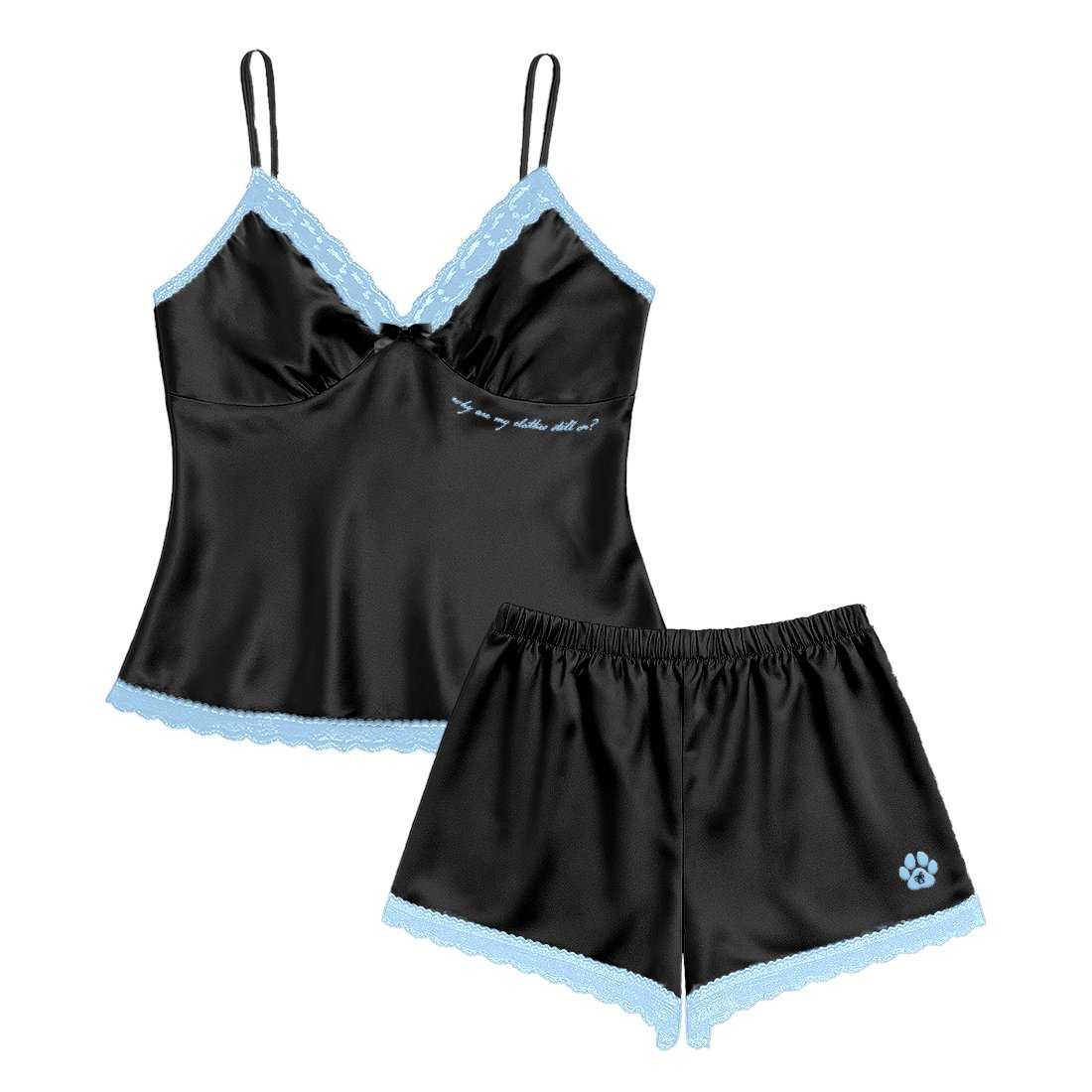 sabrinabot_py's tweet card. I can wear this to naked Twister back at your place Black and blue matching set silky lace pajamas with bow detail featuring "Why are my clothes still on?" song lyrics printed on top with paw print...