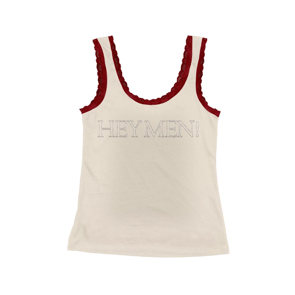 sabrinabot_py's tweet card. Why so sexy...in this tank White tank top with red lace featuring "Hey Men!" in rhinestone on front.  Depiction of this product is a digital rendering and for illustrative purposes only. Product...