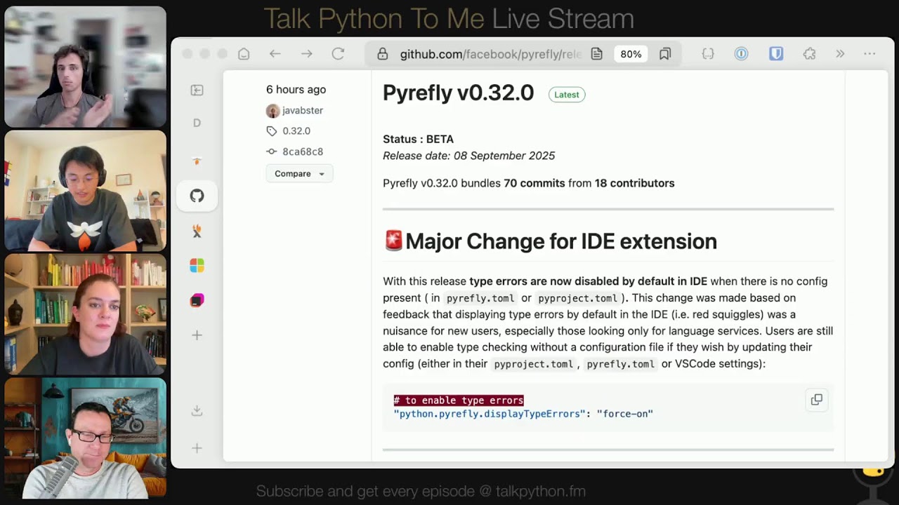 TalkPython's tweet card. Python typing got fast enough to feel invisible. Pyrefly is a new, open source type checker and IDE language server from Meta, written in Rust, with a focus on instant feedback and real-world DX....