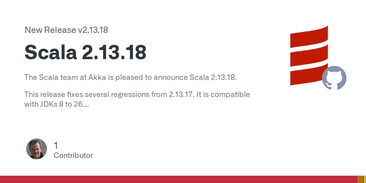 scala_lang's tweet card. The Scala team at Akka is pleased to announce Scala 2.13.18. This release fixes several regressions from 2.13.17. It is compatible with JDKs 8 to 26. The following are highlights of this release: R...