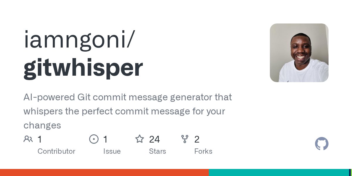iamngoni's tweet card. AI-powered Git commit message generator that whispers the perfect commit message for your changes - iamngoni/gitwhisper