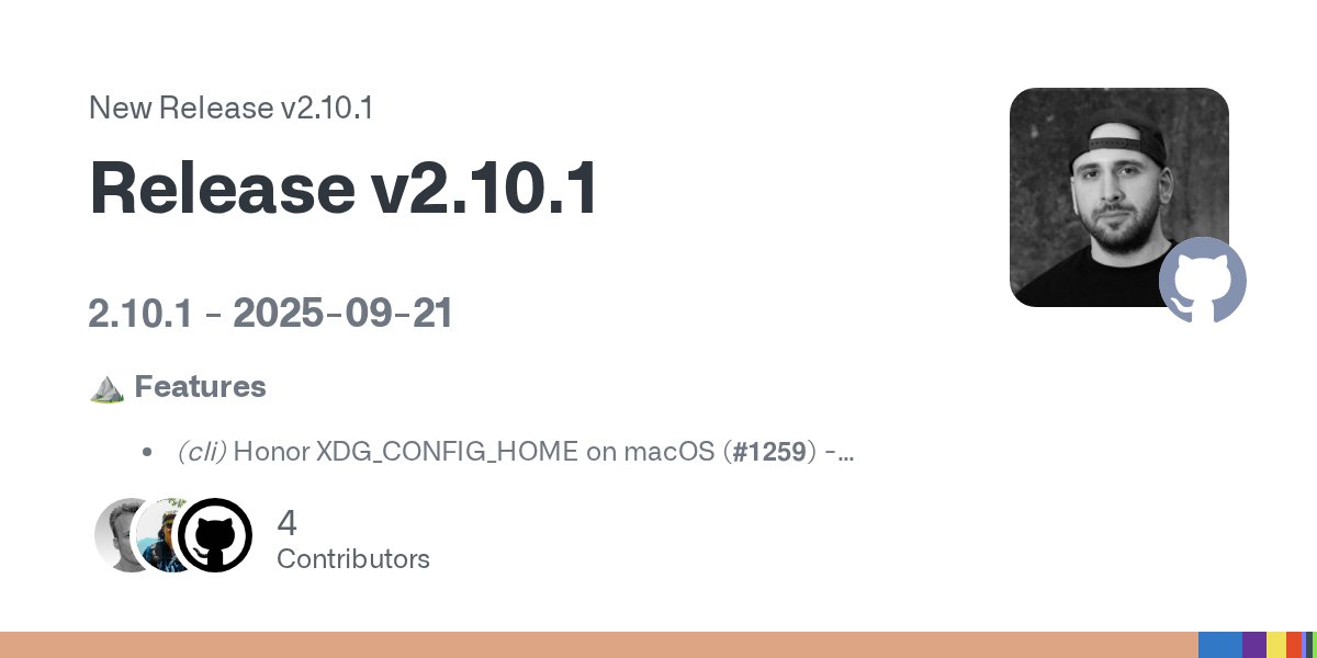 git_cliff's tweet card. 2.10.1 - 2025-09-21 ⛰️ Features (cli) Honor XDG_CONFIG_HOME on macOS (#1259) - (6b8f1dc) (lib) Add 'integrations' feature flag for enabling all integrations (#1263) - (3b98d19) 🐛 Bug Fix...
