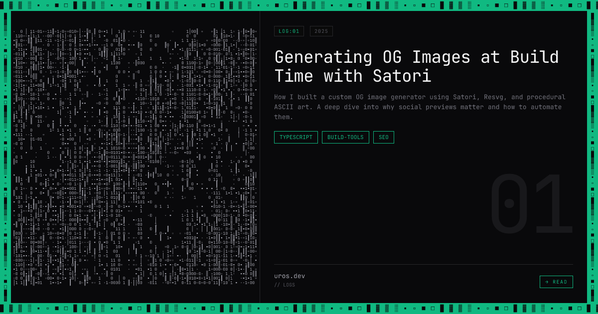 djedlajn's tweet card. How I built a custom OG image generator using Satori, Resvg, and procedural ASCII art. A deep dive into why social previews matter and how to automate them.