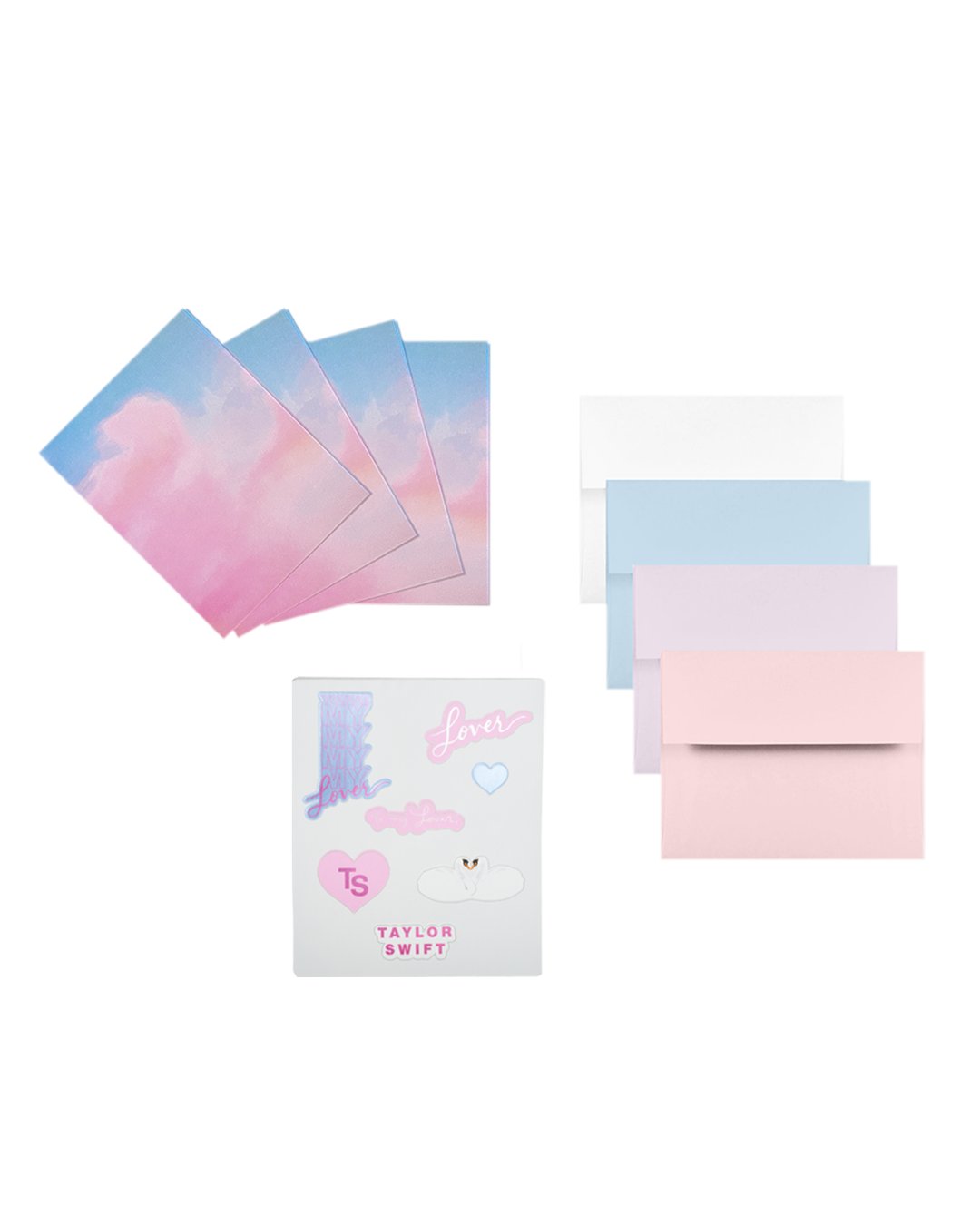 swiftpitch_py's tweet card. Set of 4 customizable greeting cards with Lover album cloud print on inside and outside with blue, beige and pink envelopes. Sticker set included featuring "Taylor Swift" logo, "Lover" album logo,...