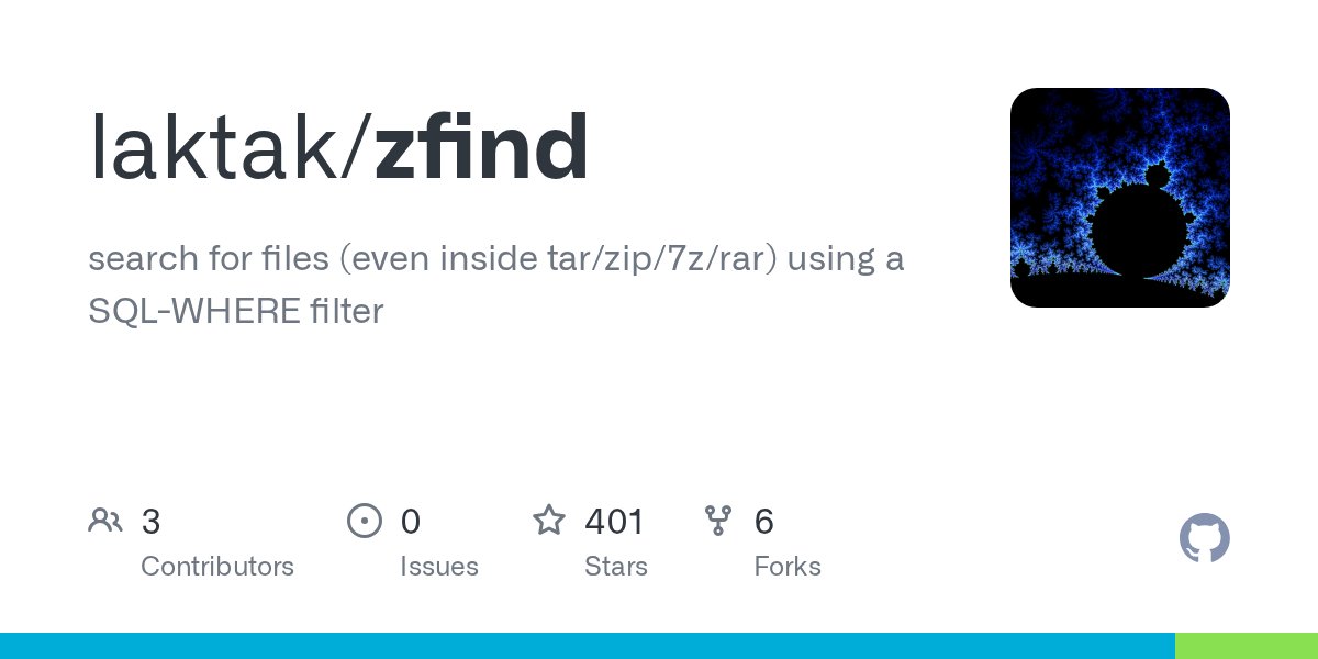 jessebenisrael's tweet card. search for files (even inside tar/zip/7z/rar) using a SQL-WHERE filter - laktak/zfind