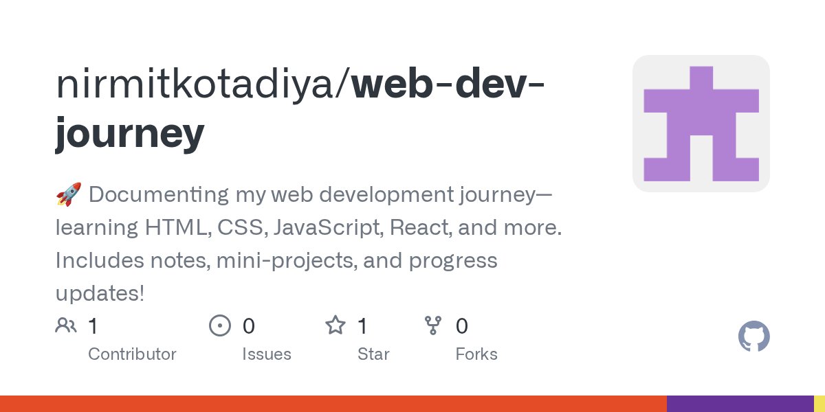 NirmitKotadiya's tweet card. 🚀 Documenting my web development journey—learning HTML, CSS, JavaScript, React, and more. Includes notes, mini-projects, and progress updates! - nirmitkotadiya/web-dev-journey