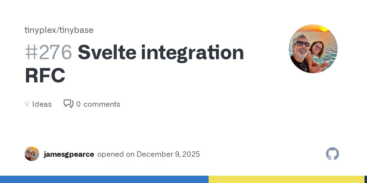 tinybasejs's tweet card. Hello everyone! I'm proposing a new ui-svelte module for TinyBase that would provide first-class Svelte integration, similar to how the existing ui-react module provides React integration. This...