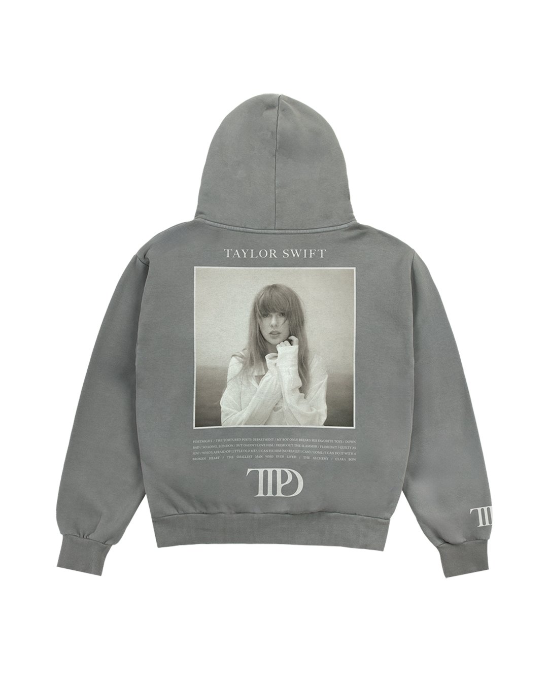 swiftpitch_py's tweet card. Smoke gray hoodie with front pocket featuring "The Tortured Poets Department" printed on front, "TTPD" album logo printed on wearer's right sleeve, and photo of Taylor Swift, album tracklist, "TTPD"...