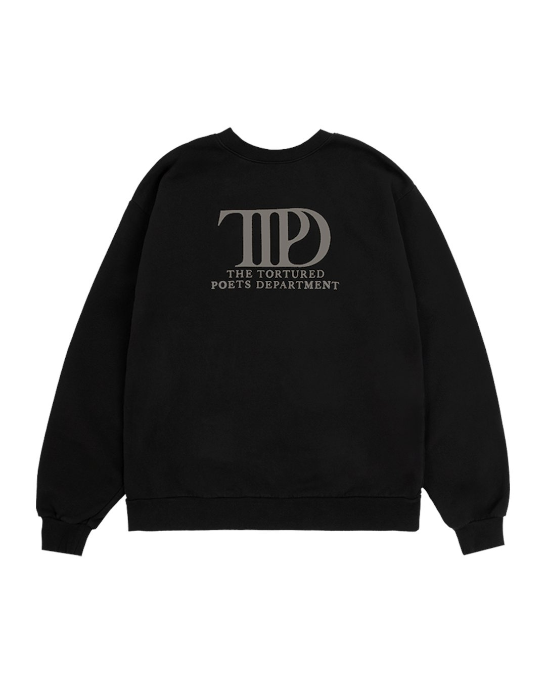 swiftpitch_py's tweet card. Ink black crewneck featuring gray "TTPD" album logo and "The Tortured Poets Department" printed on front and photo of Taylor Swift printed on back. Standard fit. 100% cottonLimit 10 per order. Taylor...