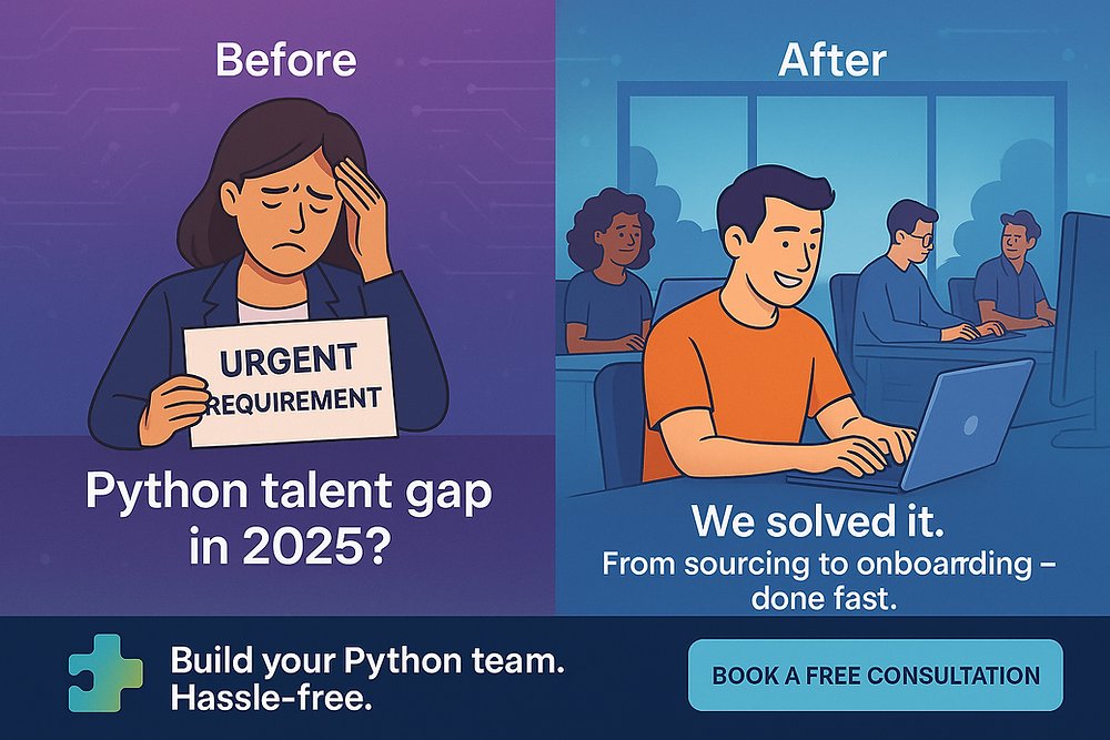 saranshgarg_'s tweet card. Hiring Python developers in 2025 required innovative strategies due to increased competition and evolving skill requirements. Our collaboration with MNCs in Noida, Bangalore, and Mumbai showcases how...
