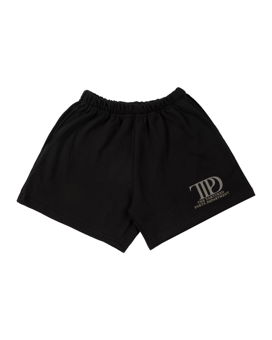 swiftpitch_py's tweet card. Ink black sweat shorts featuring gray "TTPD" album logo and "The Tortured Poets Department" printed on wearer's left leg. Drawstring waist and side pockets. Standard fit. 100% cotton6" inseamT-shirt...