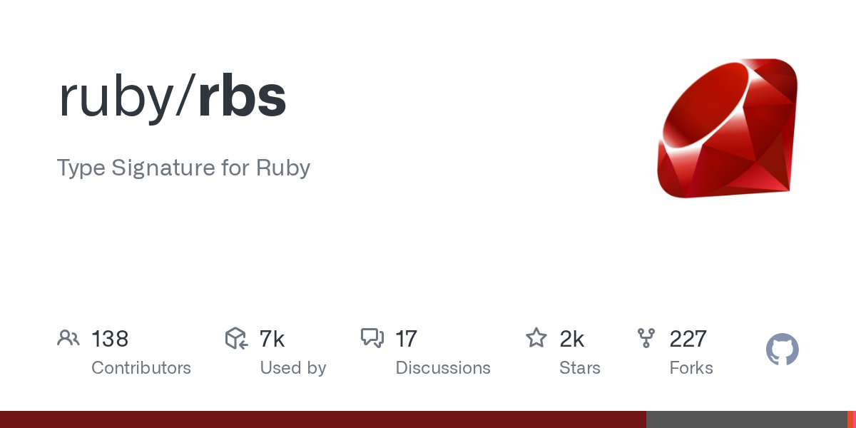 dkubb's tweet card. Type Signature for Ruby. Contribute to ruby/rbs development by creating an account on GitHub.