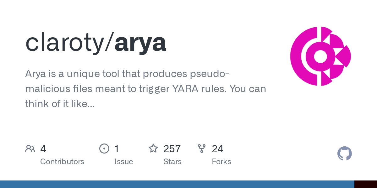 siedlmar's tweet card. Arya is a unique tool that produces pseudo-malicious files meant to trigger YARA rules. You can think of it like a reverse YARA. - claroty/arya