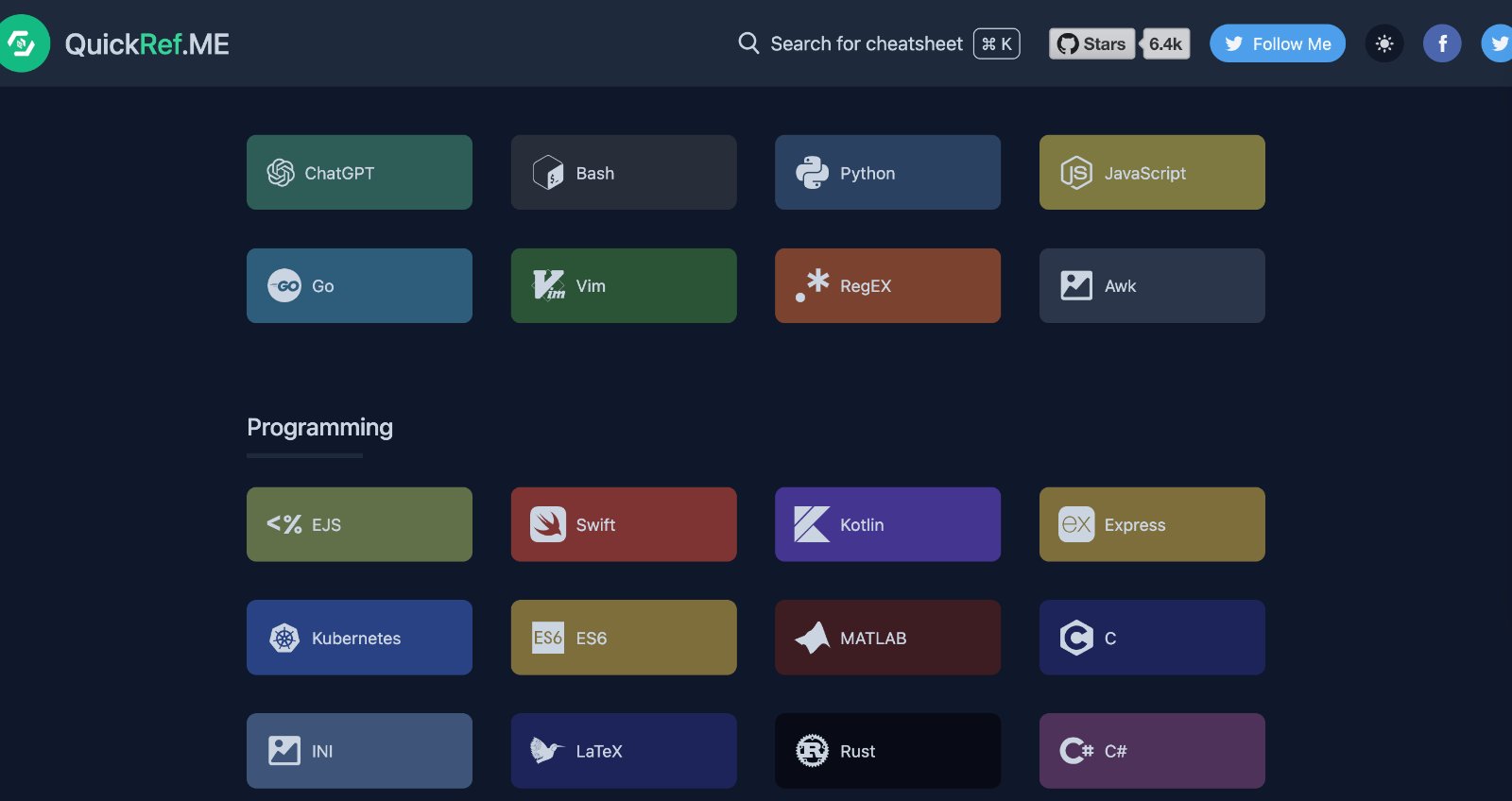 AppretiateApps's tweet card. QuickRef.ME is a website that offers a collection of cheat sheets and quick references for various programming languages, tools, and applications.
