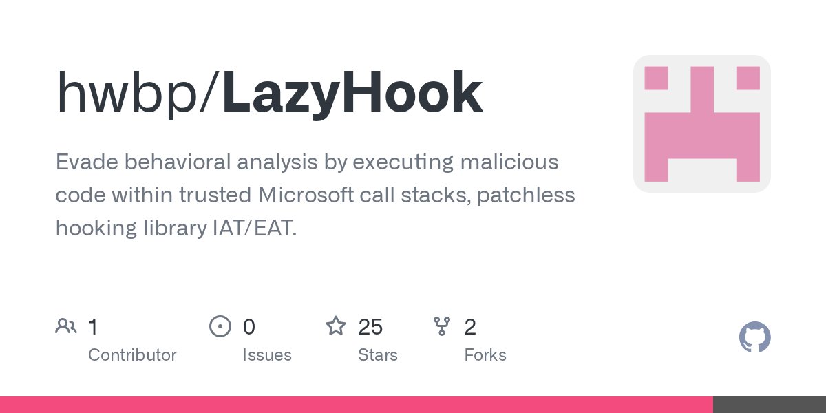 ipurple's tweet card. Evade behavioral analysis by executing malicious code within trusted Microsoft call stacks, patchless hooking library IAT/EAT. - hwbp/LazyHook