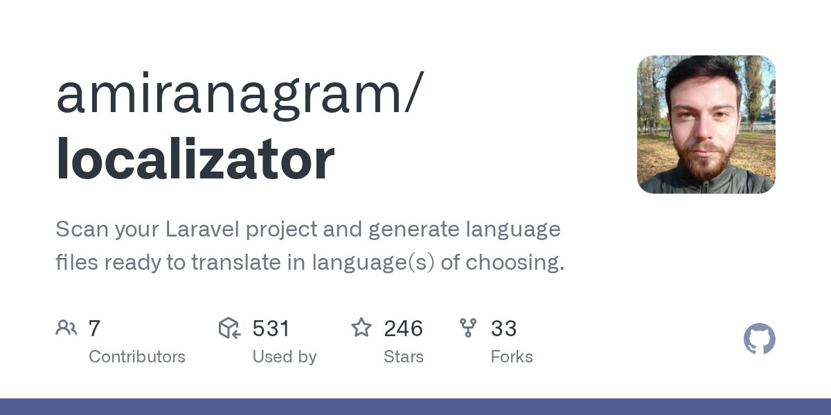 LaravelRepos's tweet card. Scan your Laravel project and generate language files ready to translate in language(s) of choosing. - amiranagram/localizator