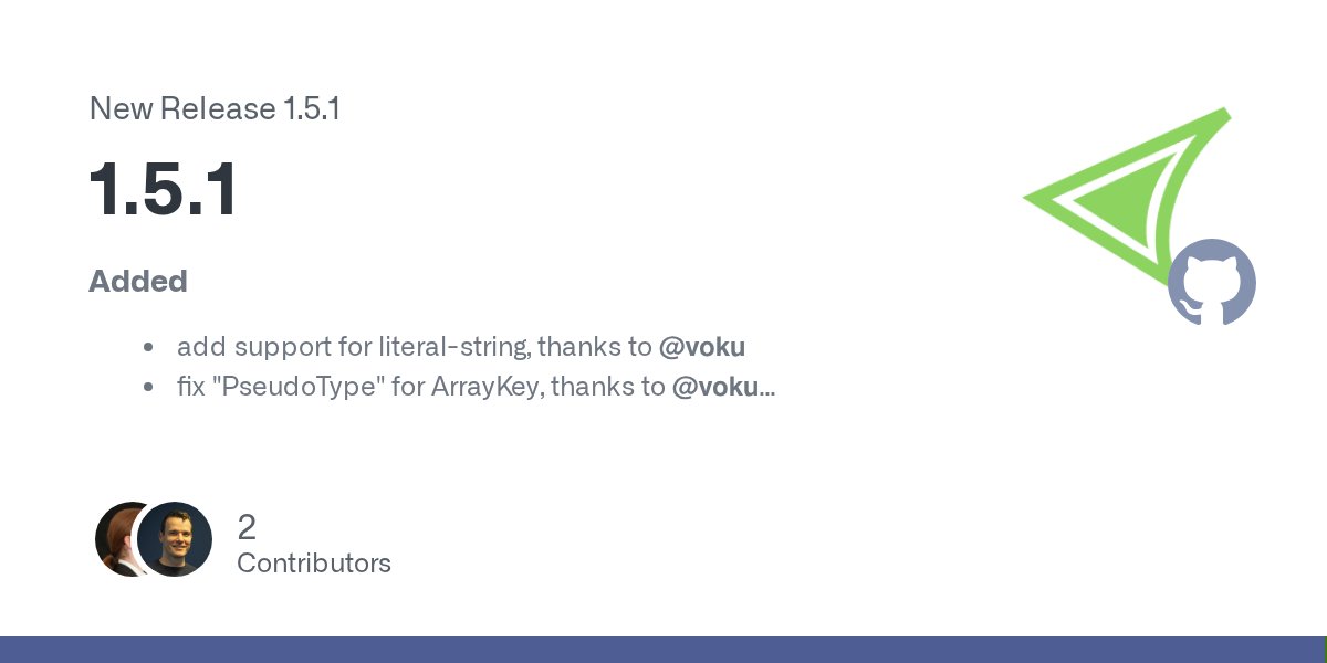 phpDocumentor's tweet card. Added add support for literal-string, thanks to @voku fix "PseudoType" for ArrayKey, thanks to @voku Deprecated Nothing Fixed fix "RuntimeException" for "array-key&quo...