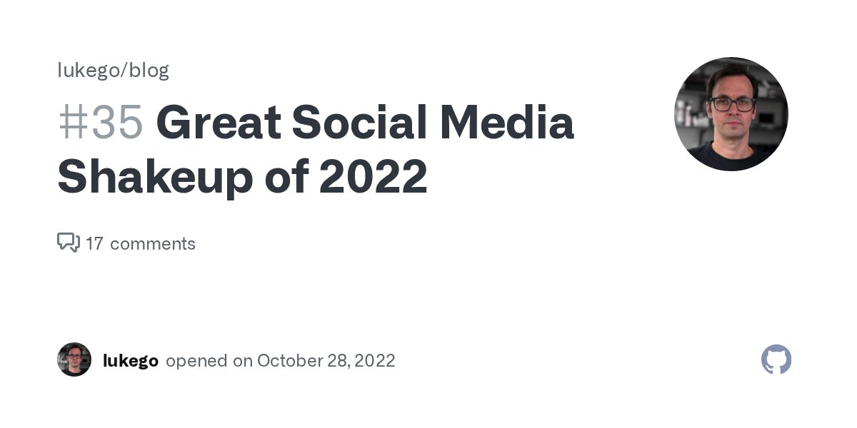 lukego's tweet card. It's the end of October 2022 and people everywhere are rethinking their relationship with Twitter. Just for now I'm returning to "microblogging" via issues on this Github repo as ...