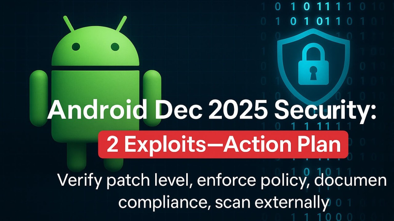 pentesttesting's tweet card. Google’s December 5, 2025 Android security update fixes 100+ flaws and two exploited CVEs. See what’s patched, how to verify, and scripts to enforce compliance.
