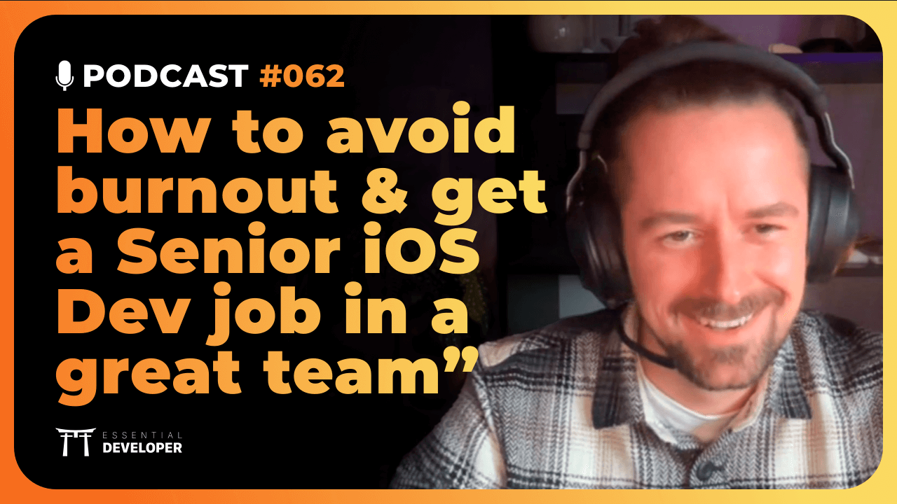 essentialdevcom's tweet card. Our guest today is Peter Combee, a student of the iOS Lead Essentials program who learned how to avoid burnout (after struggling with it many times) and became a confident senior iOS developer...