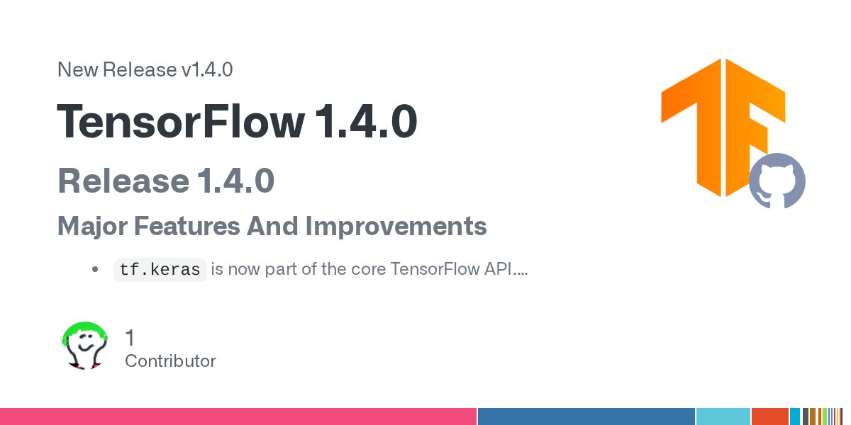 fchollet's tweet card. Release 1.4.0 Major Features And Improvements tf.keras is now part of the core TensorFlow API. tf.data is now part of the core TensorFlow API. The API is now subject to backwards compatibility gu...