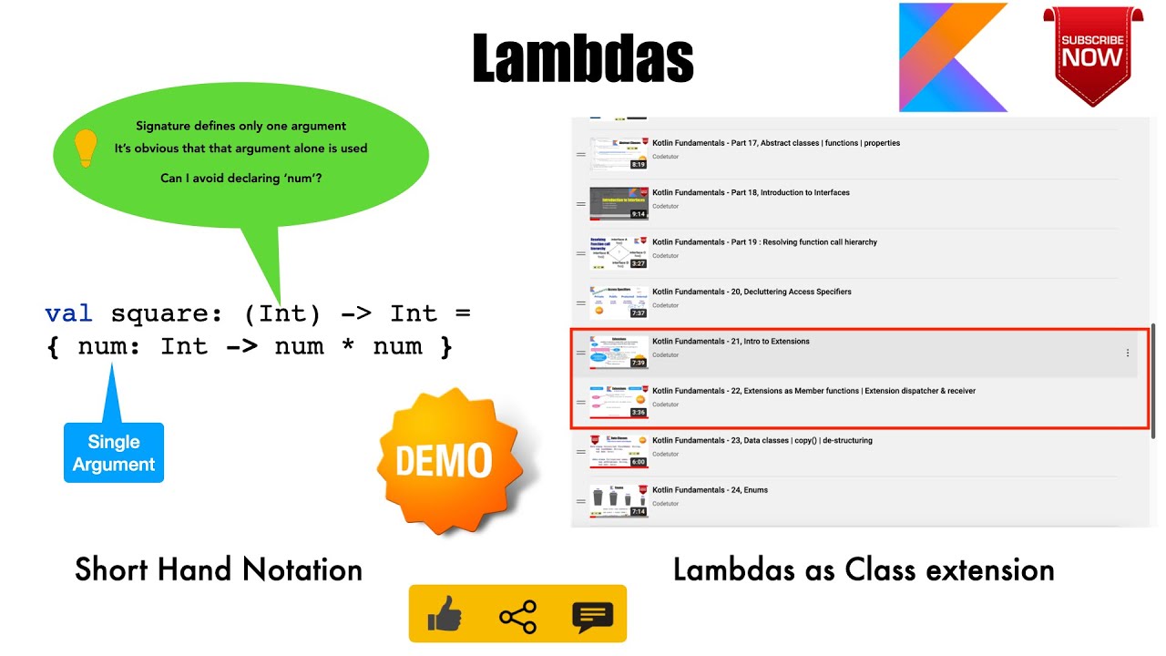 anilvdeshpande's tweet card. Lambdas | Shorthand - it | As Class Extensions : Kotlin Fundamentals...