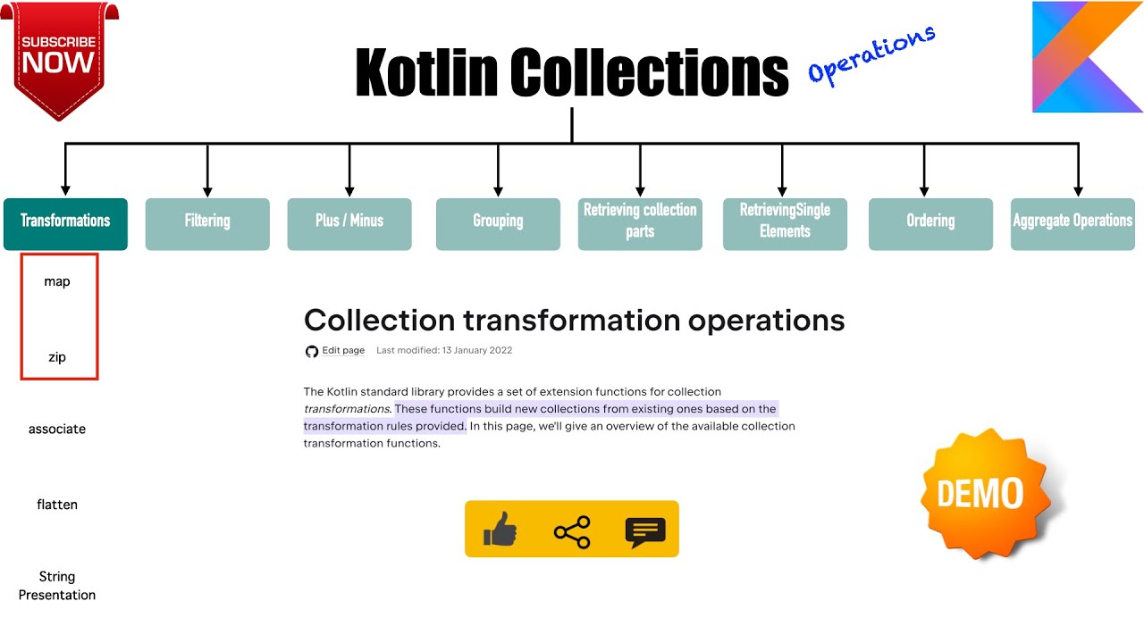 anilvdeshpande's tweet card. Collection Operations | Transformation | map | zip : Kotlin Fundame...