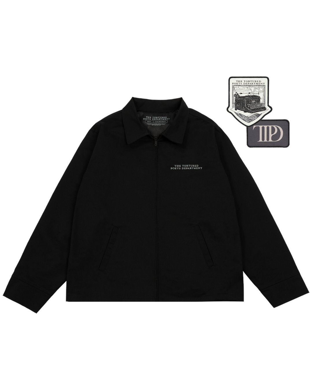swiftpitch_py's tweet card. Ink black collared jacket featuring front zip with "The Tortured Poets Department" embroidered on front left chest and "All's Fair In Love And Poetry" embroidered on back with snaps at both wrists....