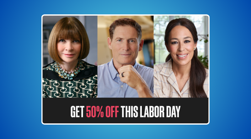 iOnlineCourses's tweet card. MasterClass Labor Day Deal brings up to 50% OFF on all plans. For $5/month, access the library of 200+ classes, learn more inside.