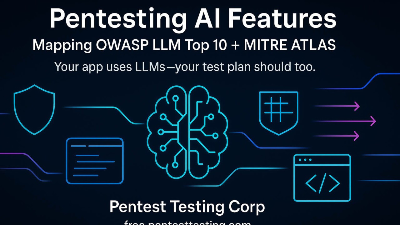 pentesttesting's tweet card. Test LLM apps with OWASP LLM Top 10 and MITRE ATLAS. Add guardrails, evals, logging, and kill-switches—plus code to harden AI features fast.