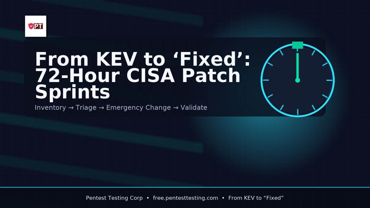 pentesttesting's tweet card. Turn CISA KEV alerts into 72-hour patch sprints with inventory, triage, emergency changes, and validation scans—plus scripts and CI/CD examples.