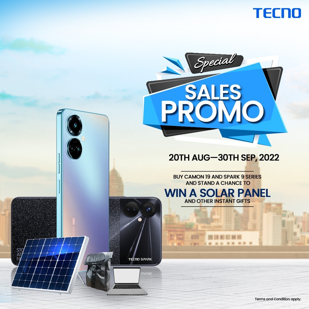 Twinsgistmag's tweet card. The TECNO special sales promo is still on, and you can still participate to win exciting gifts like headsets, gift bags, solar panels, and more with the