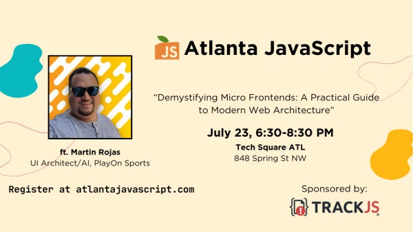 ATLJavaScript's tweet card. Hey Everyone! We're partnering with ReactATL, Modern Web ATL, and Vue.js Atlanta to host **Martin Rojas** from PlayOn Sports! Join us at 6:30 for food and networking. The
