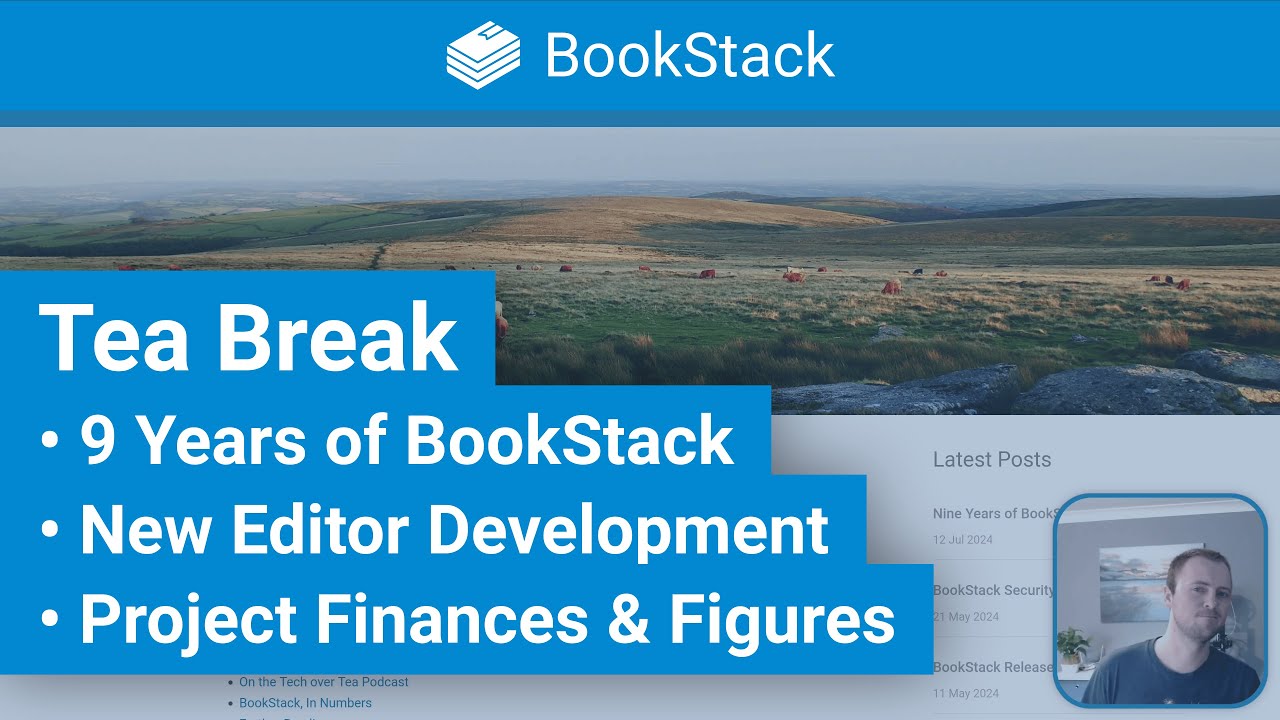bookstack_app's tweet card. Tea Break: 9 Years of BookStack, Finances, New Editor & Figures