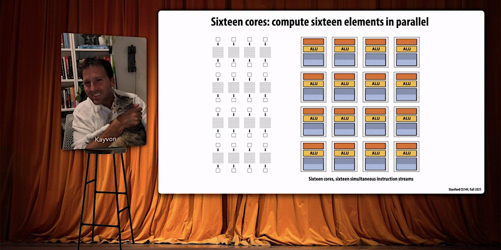 kayvonf's tweet card. This is a live lecture about the key ideas that make modern parallel processors run fast, delivered on new kind of virtual lecture platform.