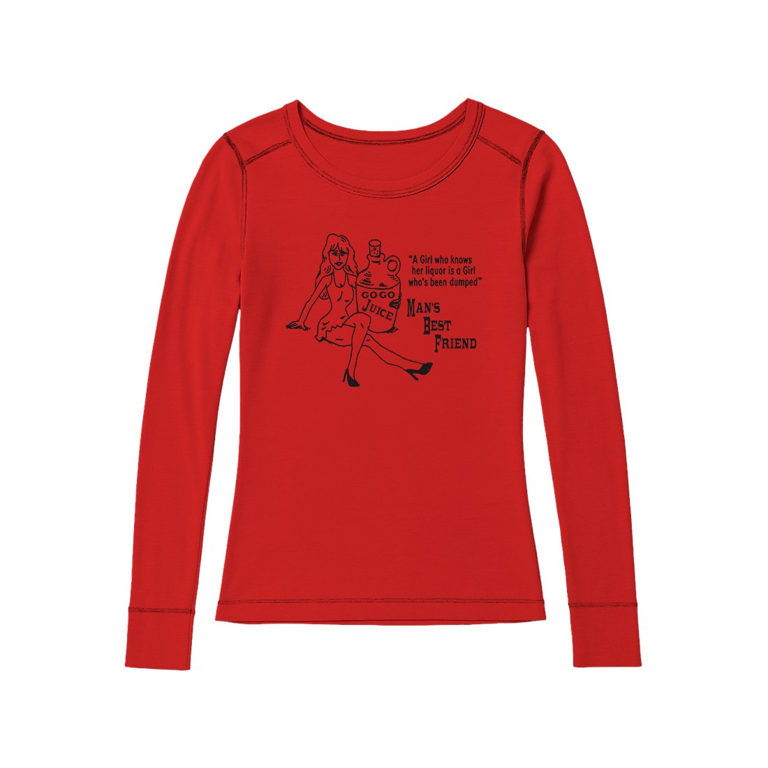 sabrinabot_py's tweet card. So....what's everyone's favorite Red longsleeve fitted t-shirt with black contrast stitching featuring "Go Go Juice" sketch graphic and "A girl who knows her liquor is a girl who's been dumped" with...