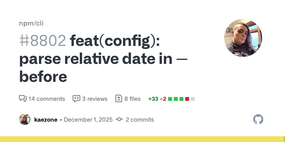 teppeis's tweet card. This PR implements npm/rfcs issue #844, adding support for relative dates in the --before config arg (e.g. --before=24h, --before=7d, etc).