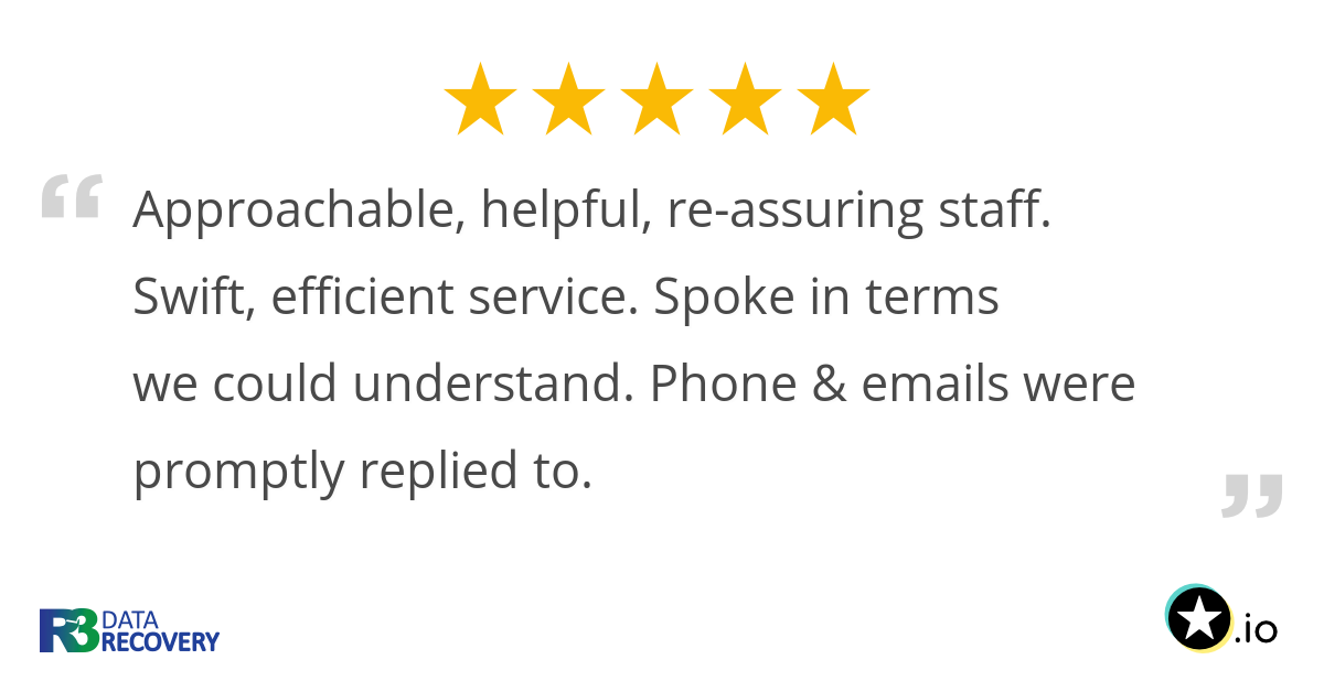 R3_datarecovery's tweet card. Approachable, helpful, re-assuring staff. Swift, efficient service. Spoke in terms we could understand. Phone & emails were promptly replied to.
