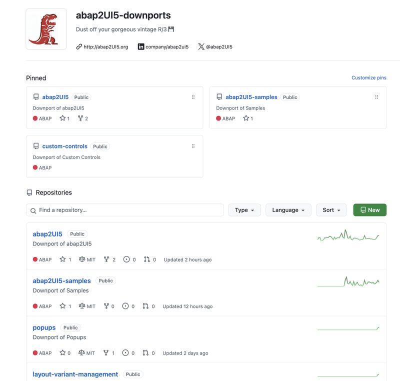 abap2UI5's tweet card. The abap2UI5 downports are now housed in a separate organization — ready to be installed on your gorgeous vintage R/3 systems 🦖🦕 With every abap2UI5 update, the downport code is automatically...