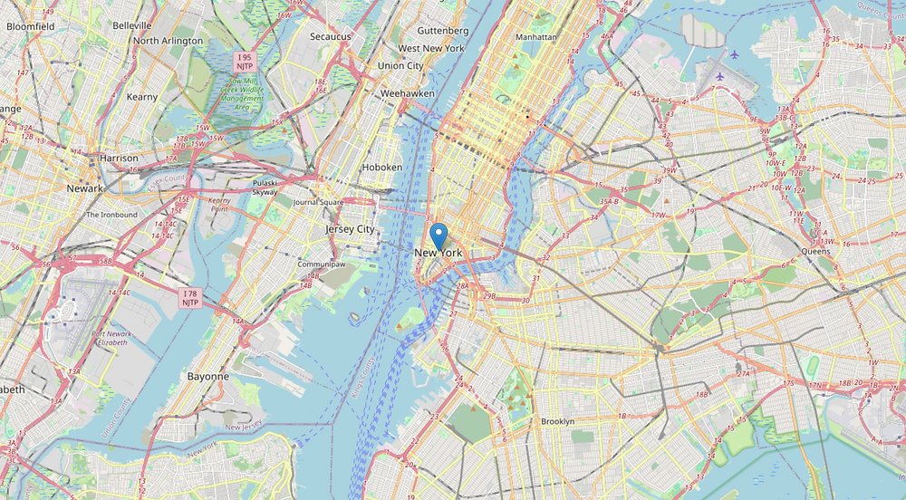 Vatsek's tweet card. import folium # Create a map centered at a specific location m = folium.Map(location=[40.7128, -74.0060], zoom_start=12) # Add a marker to the map folium.Marker([40.7128, -74.0060], popup="New York...