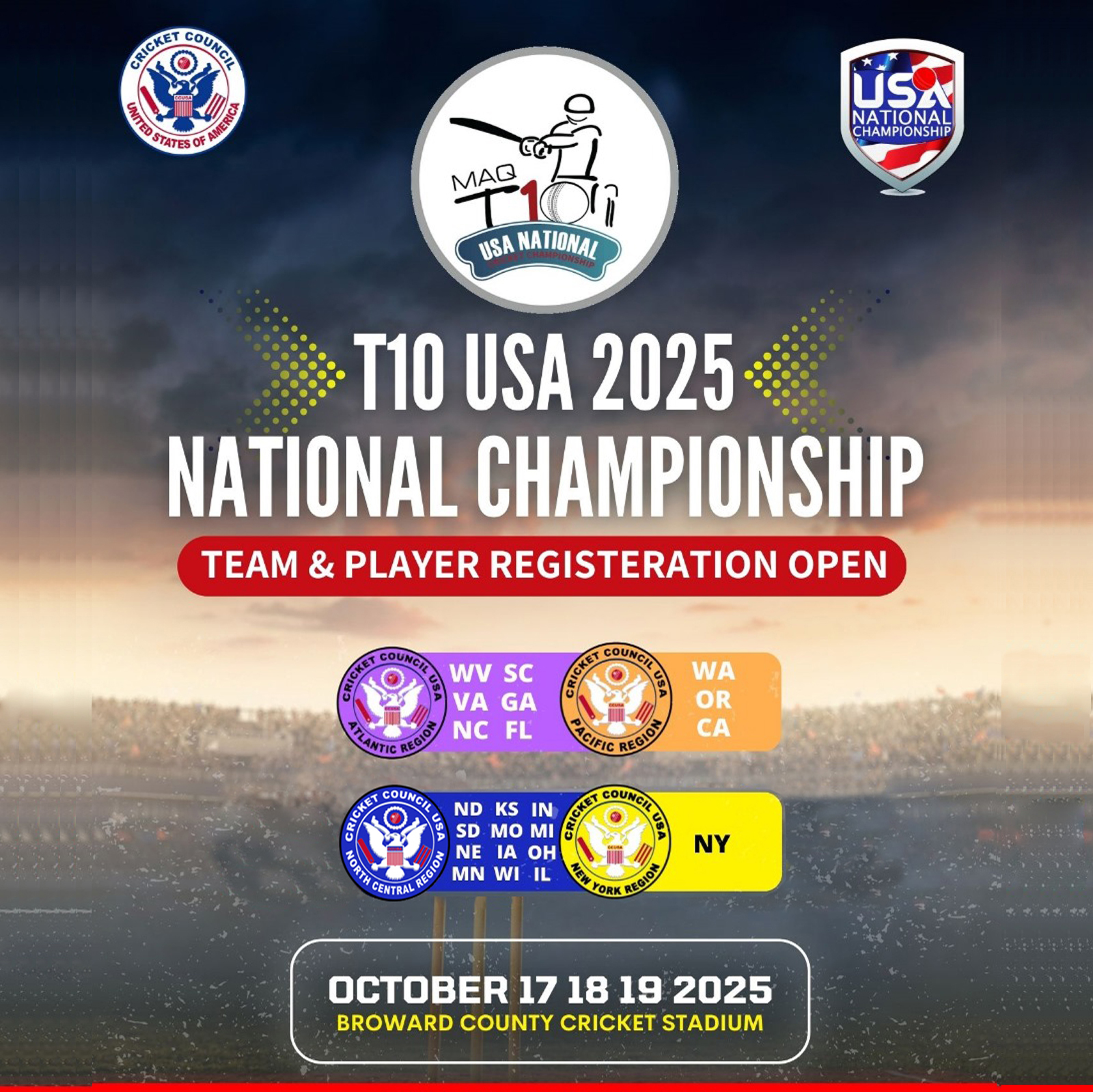 CcusaInfo's tweet card. Team Registration USA T10 Cricket National & International Championship 2025 - Cricket Council USA