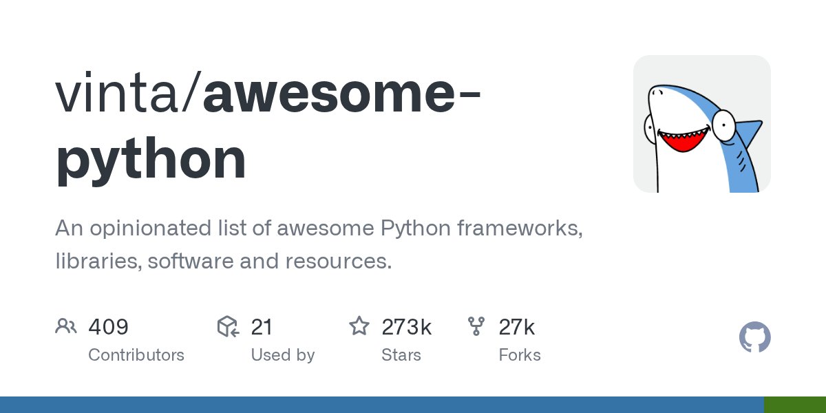 Croesus_py's tweet card. An opinionated list of awesome Python frameworks, libraries, software and resources. - vinta/awesome-python