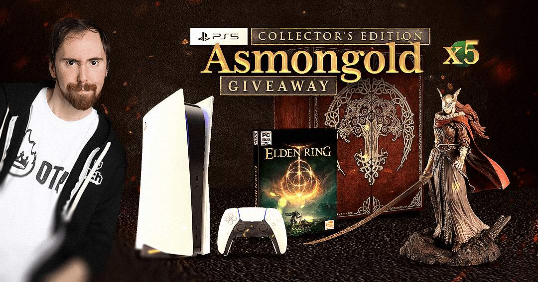Asmongold's tweet card. In celebration of Asmongold's return to streaming, we are hosting a BIG giveaway for the community! FIVE lucky winners will be receiving both: (1) PlayStation 5 (1) Elden Ring: Collector's Edition...