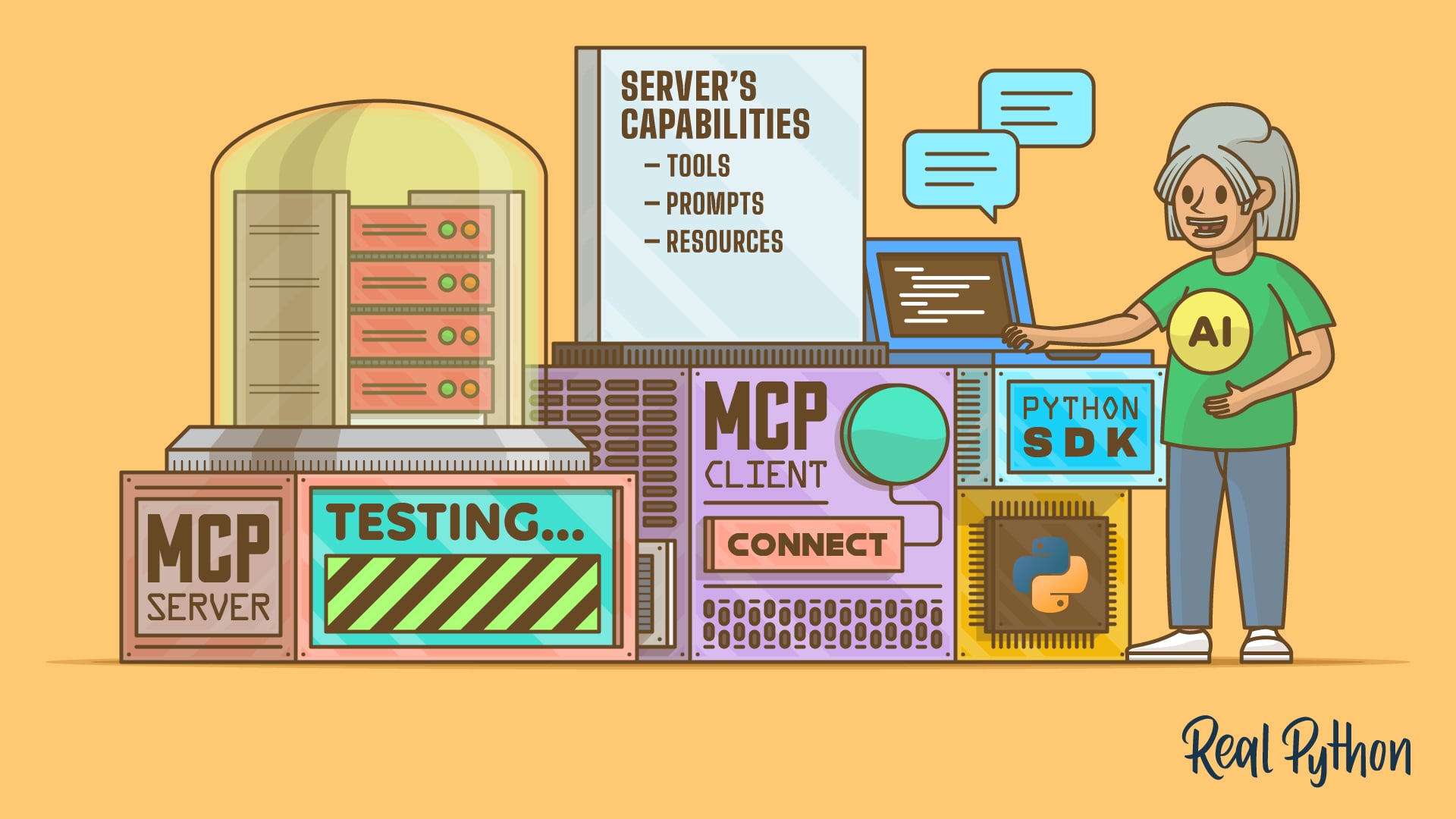 realpython's tweet card. Follow this Python project to build an MCP client that discovers MCP server capabilities and feeds an AI-powered chat with tool calls.