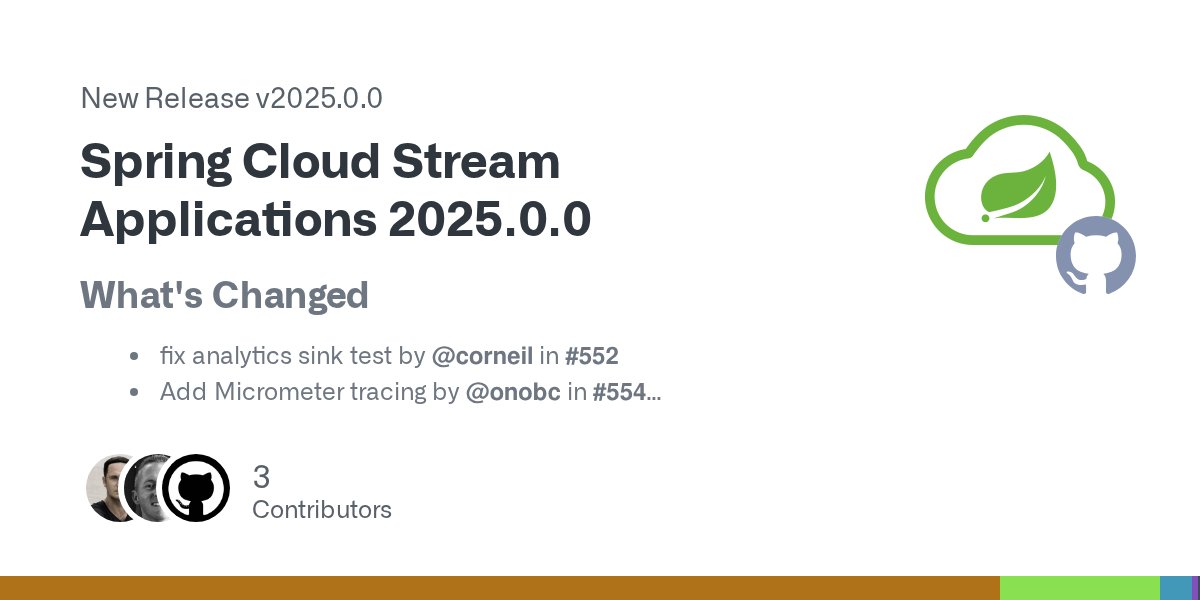 chris_onobc's tweet card. What's Changed fix analytics sink test by @corneil in #552 Add Micrometer tracing by @onobc in #554 Fix dependency mgmt in generated apps pom.xml by @onobc in #555 Update SCS starter by @onobc...
