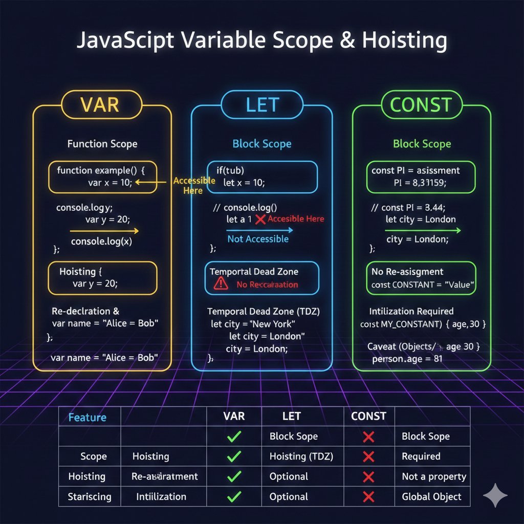 tyronne78's tweet card. JavaScript, like many programming languages, provides ways to store data in memory using variables. However, the evolution of JavaScript has introduced different keywords for declaring variables,...