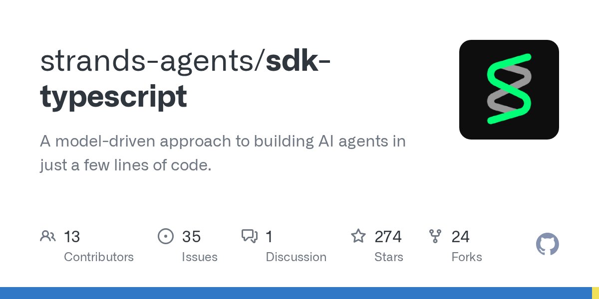 minorun365's tweet card. A model-driven approach to building AI agents in just a few lines of code. - GitHub - strands-agents/sdk-typescript: A model-driven approach to building AI agents in just a few lines of code.