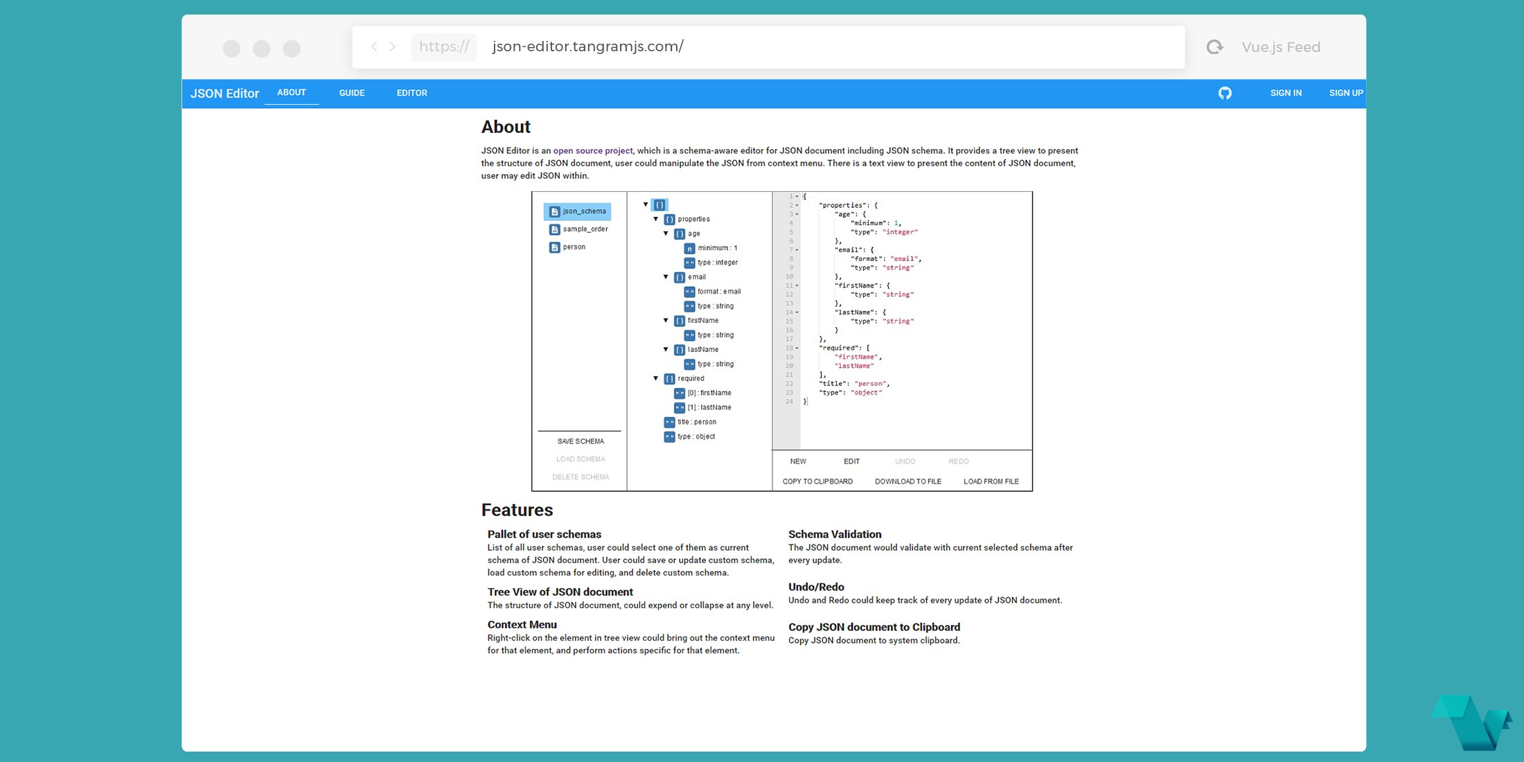 JavaScriptReads's tweet card. A schema-aware JSON Editor (including JSON schema) powered by Vue.js