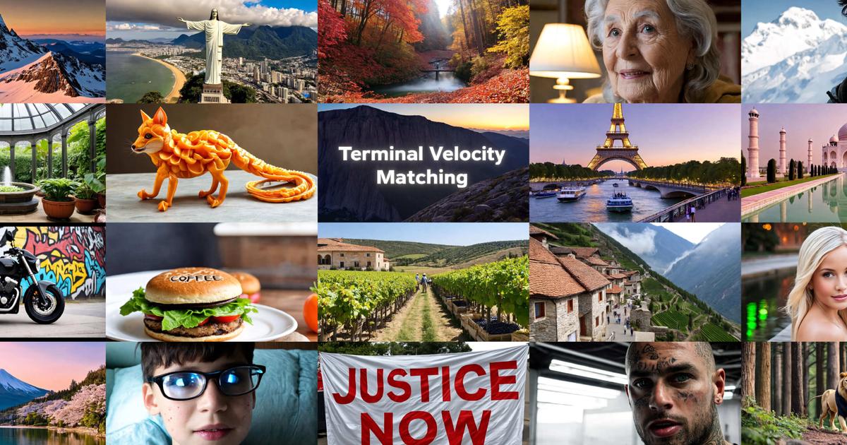 LumaLabsAI's tweet card. Terminal Velocity Matching (TVM) is a new single-stage training paradigm for efficient generation. While achieving the same sample quality, it exhibits 25x speedup compared to standard diffusion...